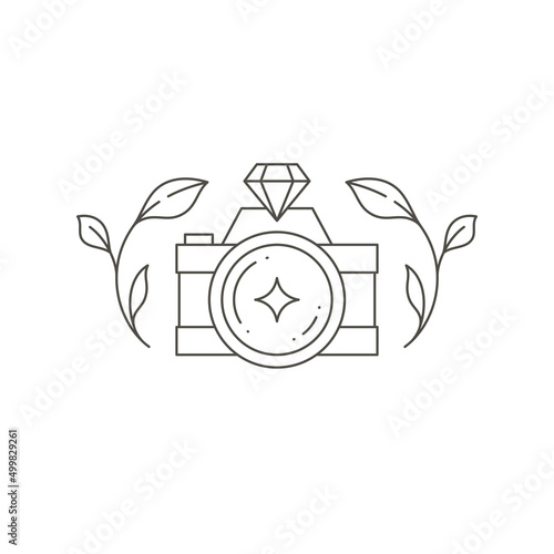 Linear professional photo camera with gems and natural plant tree branch decor course studio logo