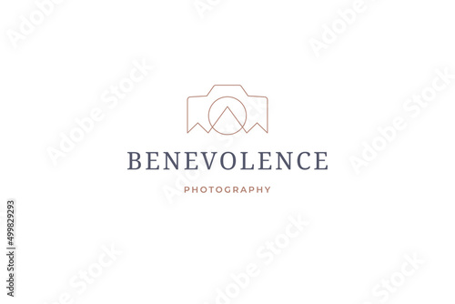 Minimalist photo video camera abstract mountain landscape travel adventure blog line art logo vector
