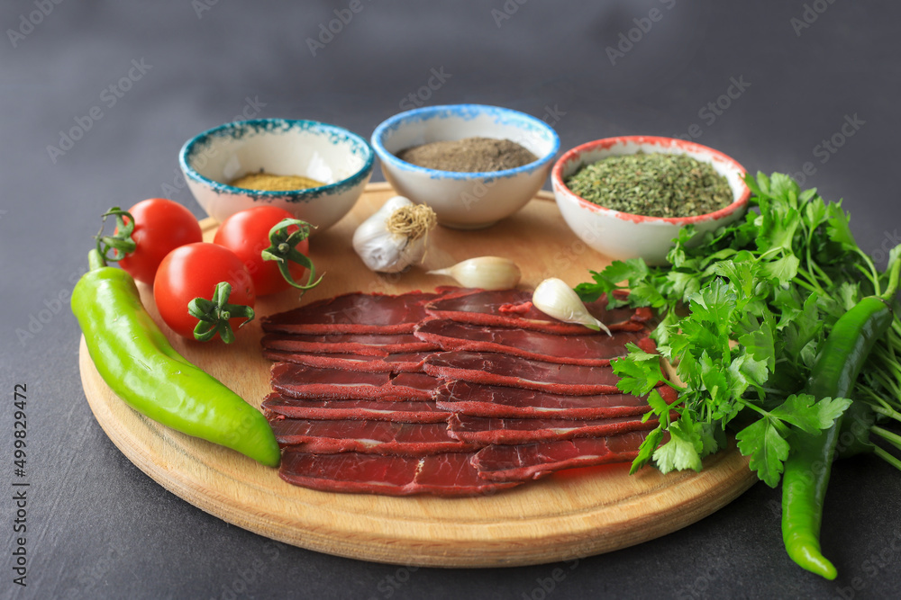 Turkish pastrami. sliced bacon. Pastrami is made from the ribeye and