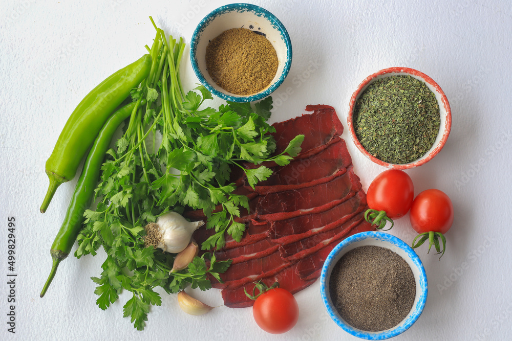 Turkish pastrami. sliced bacon. Pastrami is made from the ribeye and