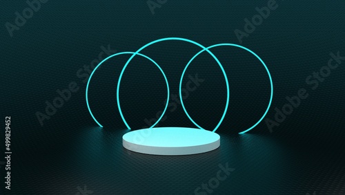 3d illustration futuristic product platform with neon glowing ring lights sci-fi empty podium black  © Ahadul Hasan