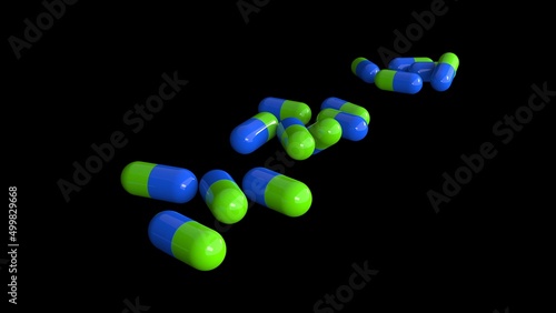 Medicine capsules pill closeup drug tablet health antibiotic 3d rendering red green medicine