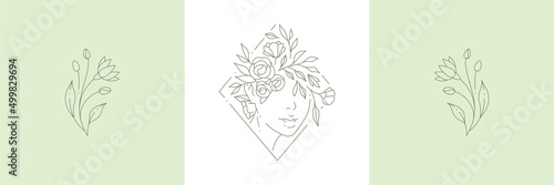 Line art simple logo pastel set woman face botanical blossom natural wild cute flower vector