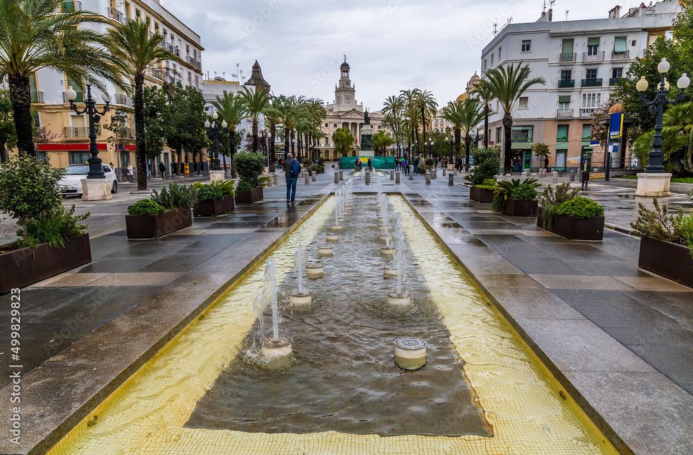 A view across a plaza in the city of Cadiz on a spring day