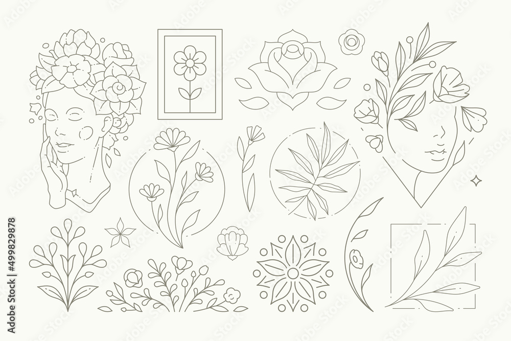 Abstract botanical flower decorative elements monochrome set vector illustration. Line simple decor