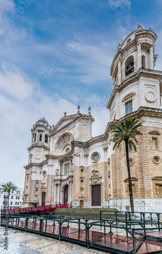 A view towards the front of the cathedral in the city of Cadiz on a spring day