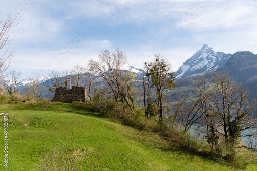 Tiny ruin on a hill in the alps in Weesen in Switzerland