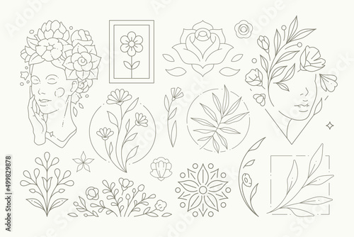 Abstract botanical flower decorative elements monochrome set vector illustration. Line simple decor