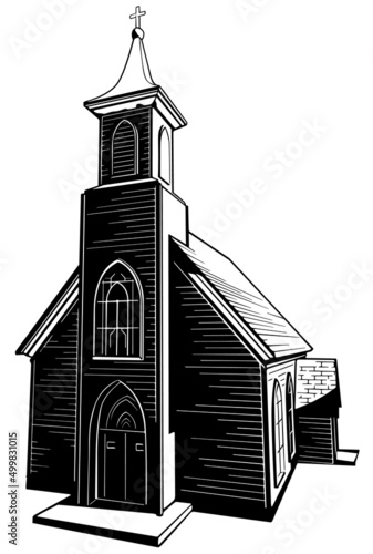 Drawing of a Christian Wooden Church - Black Illustration Isolated on White Background, Vector