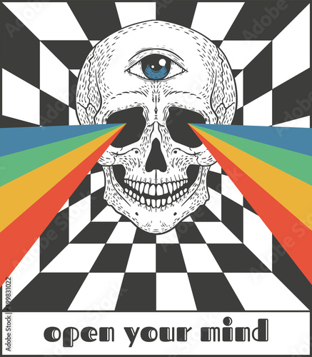 Fototapeta Naklejka Na Ścianę i Meble -  skull with rainbow rays from eyes, psychedelic illustration, t-shirt print, poster, optical illusion