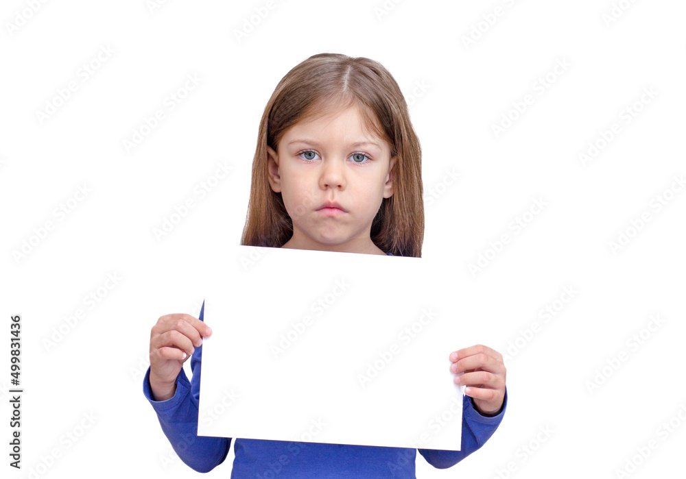 Empty sheet as mockup in serious child hands Empty sheet as mockup in serious child hands