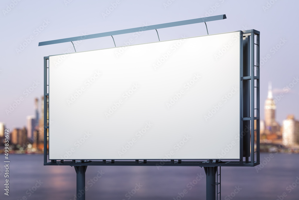 Blank white horizontal billboard on skyline background at evening, perspective view. Mock up, advertising concept Blank white horizontal billboard on skyline background at evening, perspective view. Mock up, advertising concept