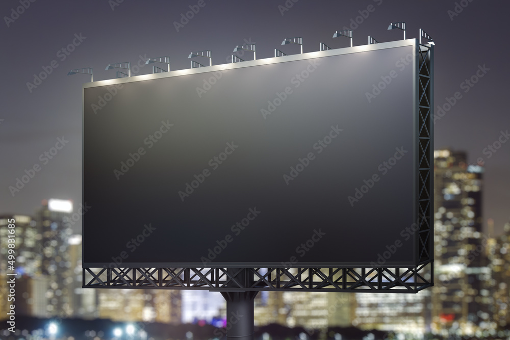 Blank black horizontal billboard on skyline background at evening, perspective view. Mock up, advertising concept Blank black horizontal billboard on skyline background at evening, perspective view. Mock up, advertising concept