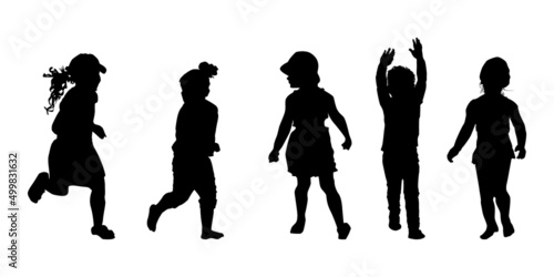 Children silhouettes set isolated on white background. Little girls playing and having fun. Collection of active different poses kids black silhouettes. Happy childhood. Stock vector illustration