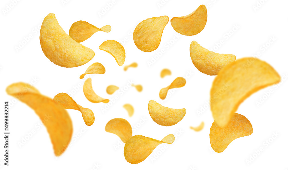Flying potato chips, isolated on white background Flying potato chips, isolated on white background