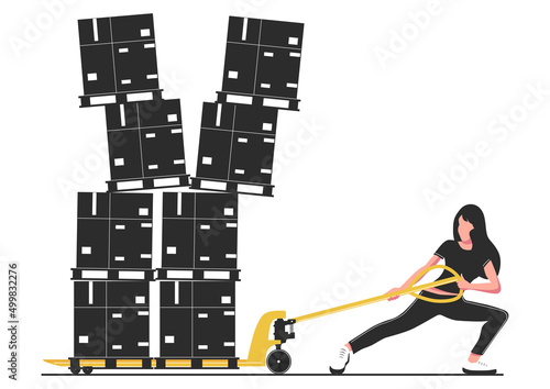 Warehouse hazards concept with a woman trying to pull overloaded pallet jack. Vector.