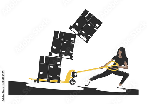 Warehouse hazards concept with a woman trying to pull overloaded pallet jack. Vector.