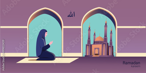illustration of muslim woman pray with mosque background