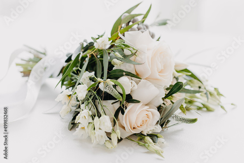 Beautiful wedding bouquet on isolated white background. High quality photo, natural light photography, wide open lens, depth of field