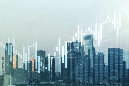 Multi exposure of virtual abstract financial diagram on Los Angeles office buildings background  banking and accounting concept