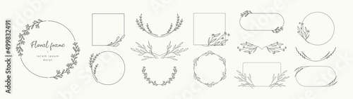 Floral logo elements, borders, dividers, frames. Hand drawn line botanical trendy greenery. Vintage plant wreaths with branches and leaves for wedding  invitation, save the date card