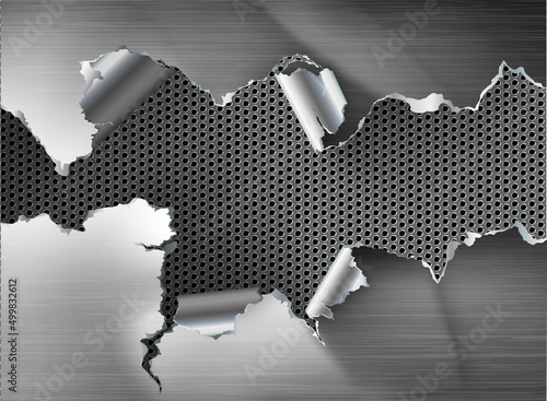 ragged Hole torn in ripped metal on steel background