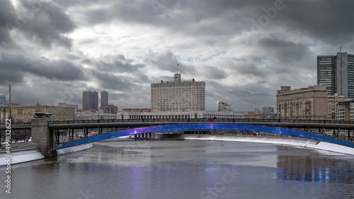 View of The Government House and Smolenski bridge in Moscow. Time-lapse. photo