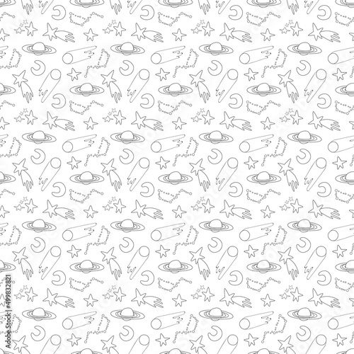 Galaxy cosmic seamless pattern with planets  stars and comets. Childish vector hand drawn cartoon illustration in simple scandinavian style. Pastel isolated on a white background.