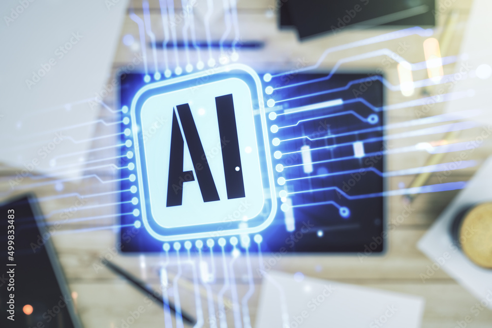 Fototapeta premium Double exposure of creative artificial Intelligence icon and digital tablet on background, top view. Neural networks and machine learning concept