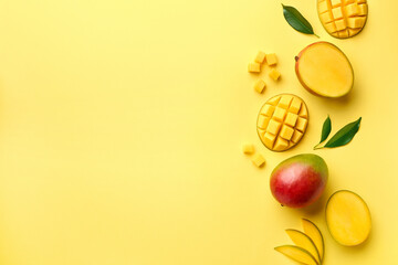 Fresh whole half and sliced mango fruit