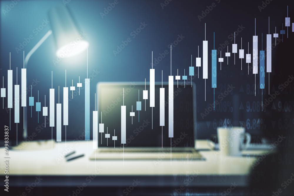 Abstract creative financial graph on modern laptop background, forex and investment concept. Multiexposure Abstract creative financial graph on modern laptop background, forex and investment concept. Multiexposure