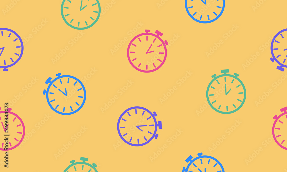 Colorful line stopwatch icon isolated seamless pattern on yellow background. Time timer sign. Chronometer sign. Vector
