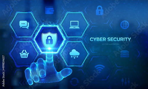 Cyber Security. Data protection business concept on virtual screen. Shield protect icon. Internet privacy safety. Antivirus interface. Wireframe hand touching digital interface. Vector illustration.