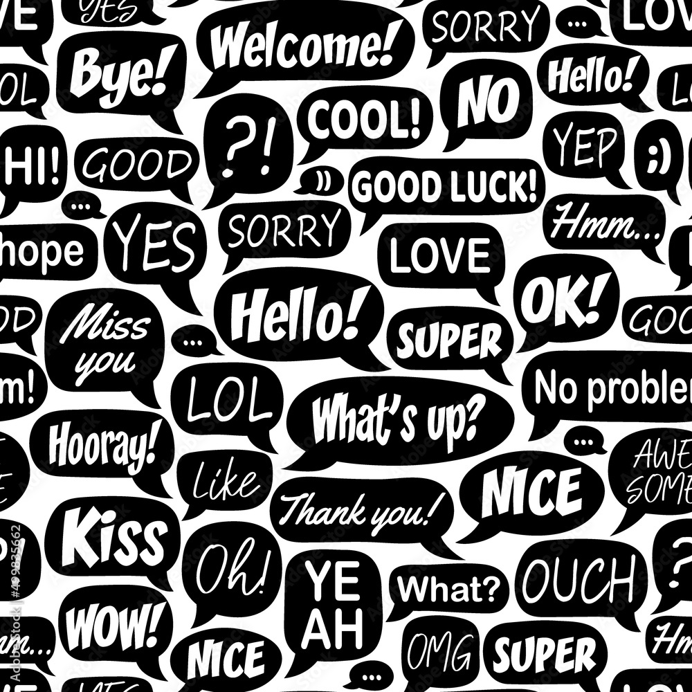 Black and white seamless pattern with cartoon speech bubbles with dialog words: happy, thanks, good, bye. Modern vector illustration. Black and white seamless pattern with cartoon speech bubbles with dialog words: happy, thanks, good, bye. Modern vector illustration.