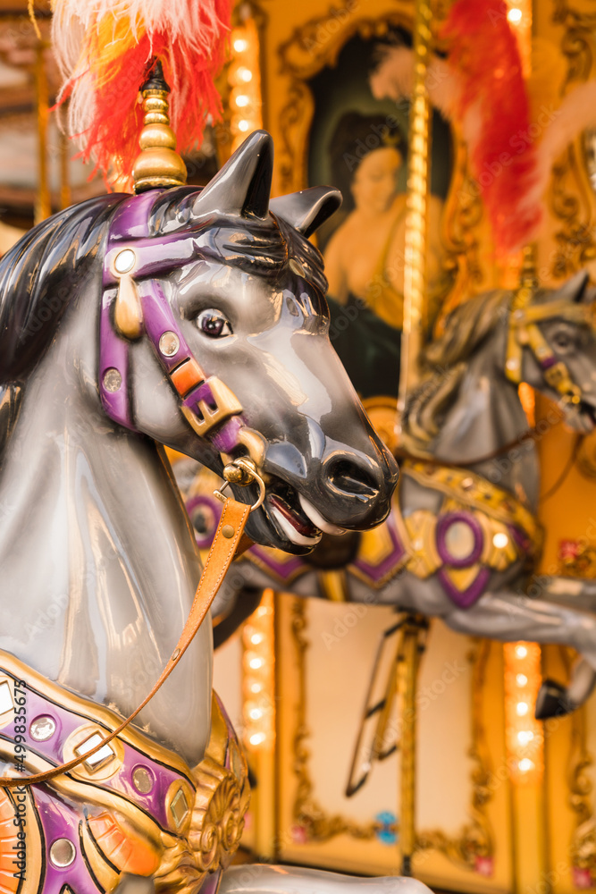 Close up - detail of an outdoor carousel in a square in Florence, Italy