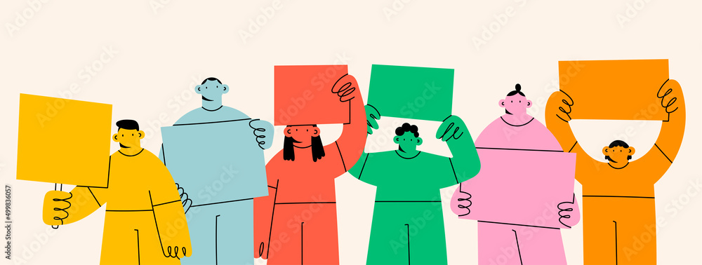 Group of diverse people standing and holding blank empty Banners or ...