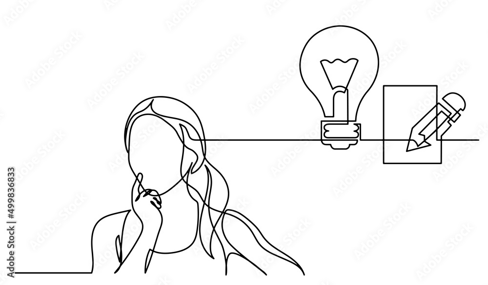 one line drawing of person thinking about idea solving problems finding ...