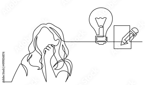 one line drawing of woman thinking solving problems finding solutions