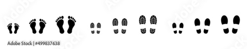 Different footprint size set. Shoe size. KId man and woman footprint. Bare fit shoes and boot icon. Footprint set on white background. Vector graphic.