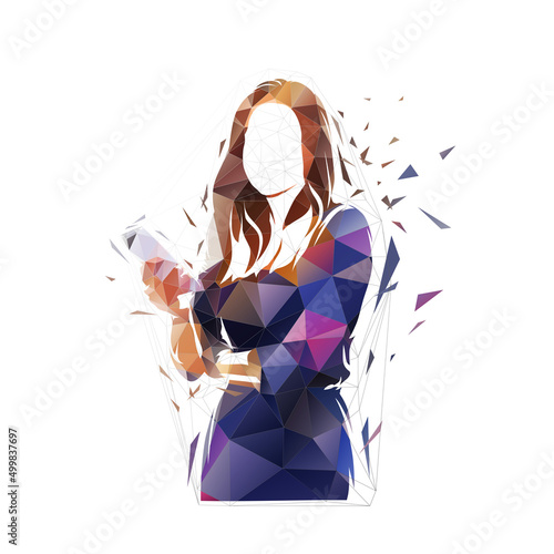 Business woman holding mobile phone in hand, abstract low polygonal isolated vector illustration from triangles