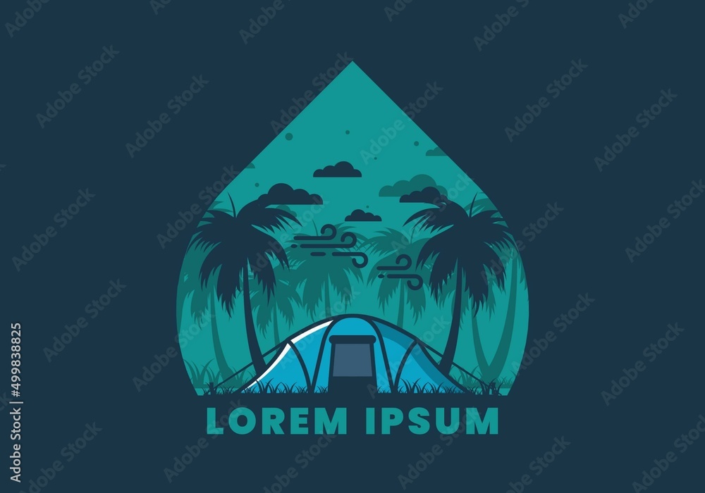 Stay in tent under coconut trees flat illustration