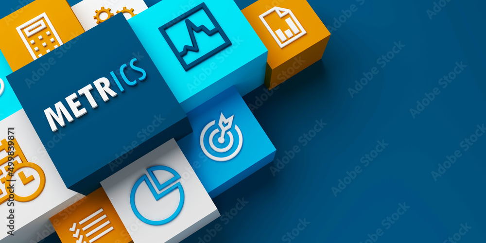 3D render of wide perspective view of METRICS business concept on dark blue background 3D render of wide perspective view of METRICS business concept on dark blue background