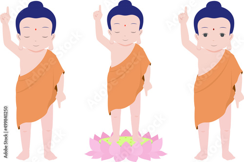 Buddha stand posture. Stand on the lotus flower and point to the sky. Flat style vector illustration.