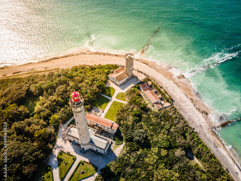 Obraz na płótnie Aerial drone shot of the Phare des Baleines or Lighthouse of the Whales at sunset and sea view on Ile de Ré or island of Re France w salonie