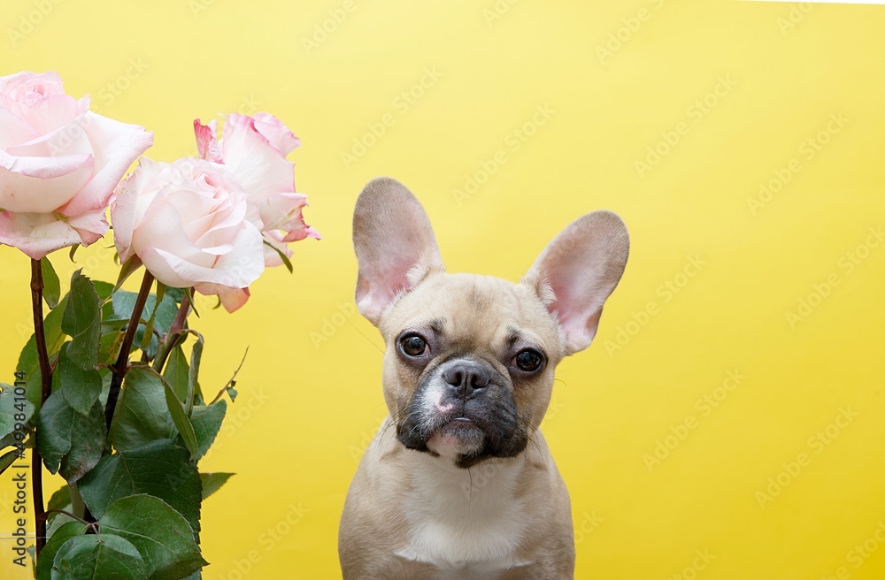French bulldog dog sits next to a bouquet of pink roses on a yellow background in a photo studio. Lots of space for text.