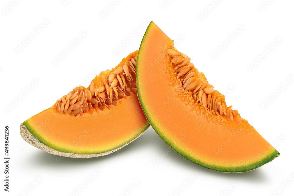 Cantaloupe melon piece isolated on white background with clipping path and full depth of field. Cantaloupe melon piece isolated on white background with clipping path and full depth of field.
