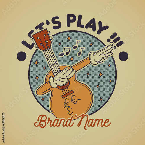Cartoon emblem of happy dancing guitar
