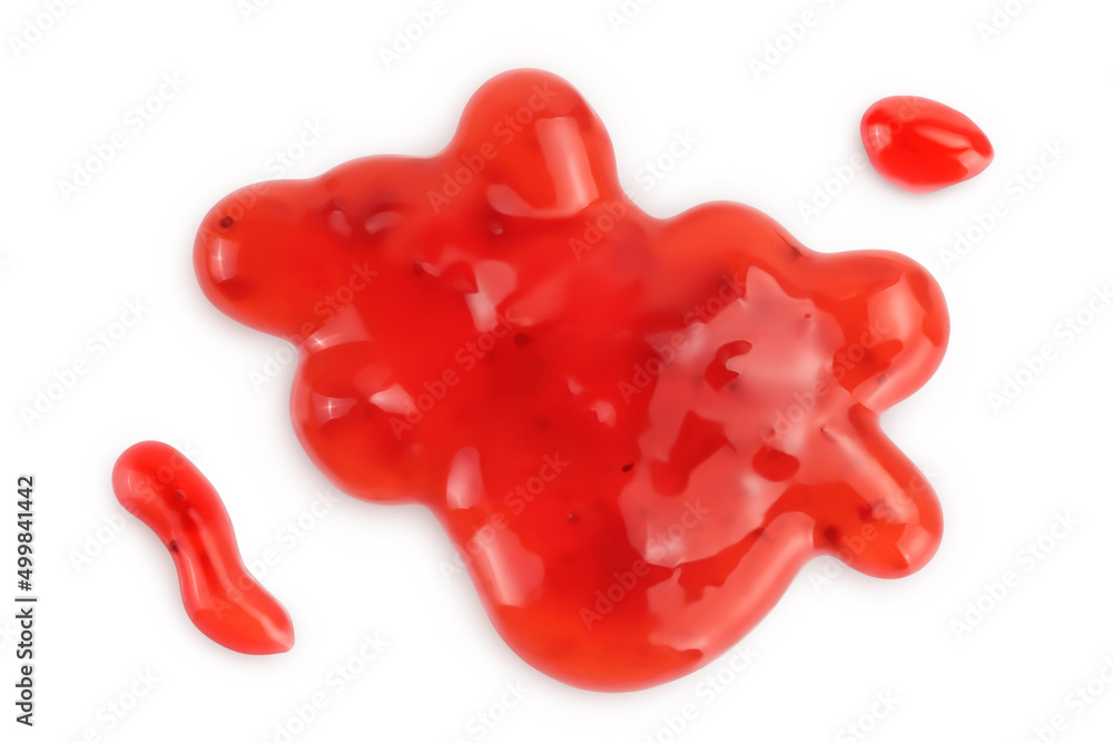 Red strawberry jam isolated on white background with clipping path and full depth of field, Top view. Flat lay Red strawberry jam isolated on white background with clipping path and full depth of field, Top view. Flat lay