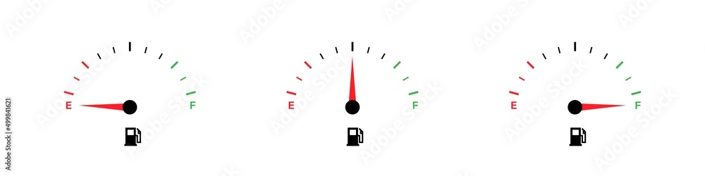 Fuel gauge arrow flat vector illustration set. Car dashboard icon set. Vector graphic illustration. Fuel gauge meter, indicator. - obrazy, fototapety, plakaty 