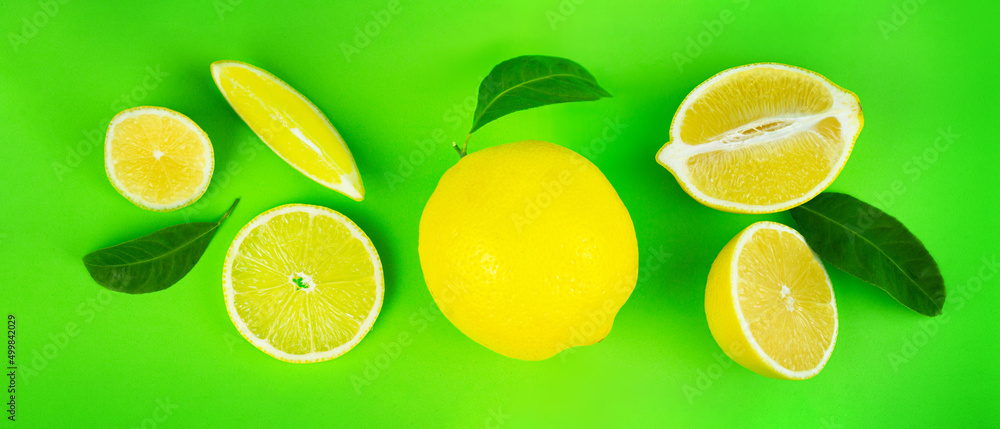 Set of sliced lemon citrus creative layout made half of lemon, slide, piece on white background. Flat lay